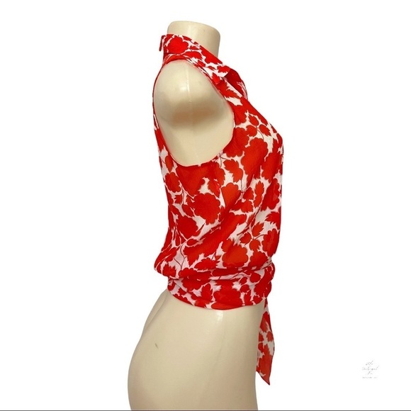 NEW Moda International Silk Red Floral Sleeveless Button Front Tie Waist Blouse‎ - Picture 3 of 7